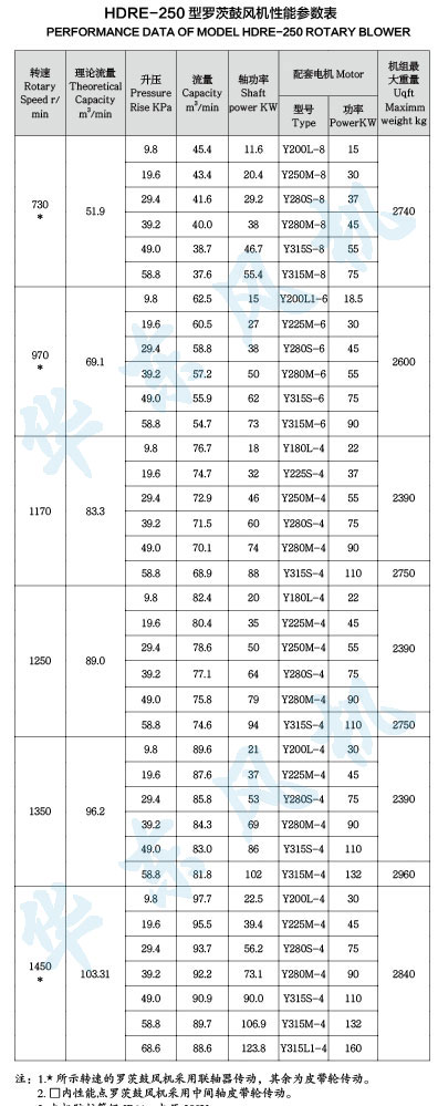 HDRE-250型羅茨鼓風機性能參數(shù)表